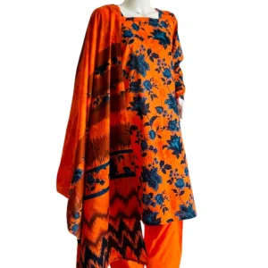 Orange Floral 3Pcs Printed Lawn