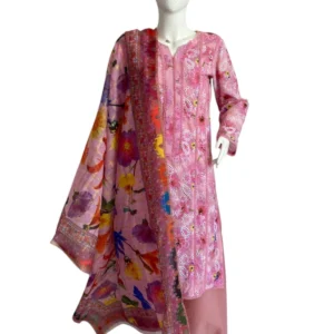 Pink 3 pcs Chickenkari Printed Lawn