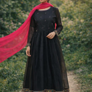 Elegant Black Organza Frock 3PC with Crystal Detailing