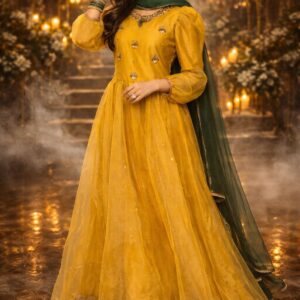 Mustard color embellished net frock